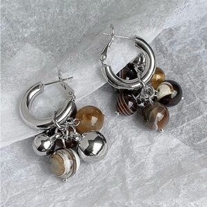 Silver Coffee Striped Agate hoop earrings